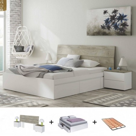 Pack Quarto Completo New Dreams c/ Cama Kendra (Branco Artic/Roble Alaska) + Estrado (190x150cm)