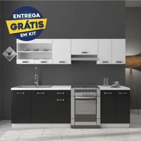 Pack Cozinha Omega II 180cm (Preto/Branco) c/ Bancada (c/ Entrega GRÁTIS)