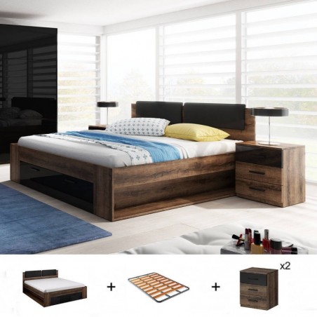 Pack Cama Galaxy (Marron) c/ 2 Mesitas de Noche + Somier (200x160cm)