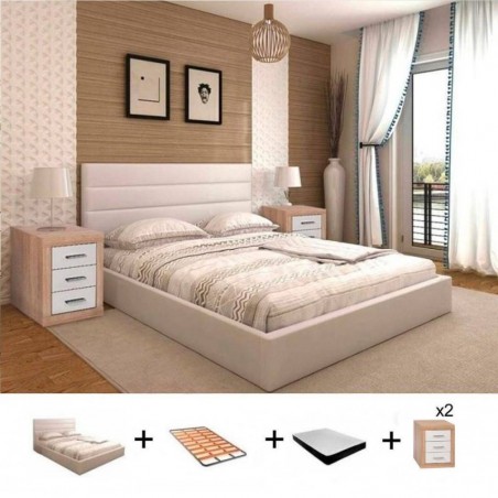 Pack Cama New York c/ 2 Mesas de Cabeceira Lara + Estrado + Colchão Premium 17HR (190x140cm)